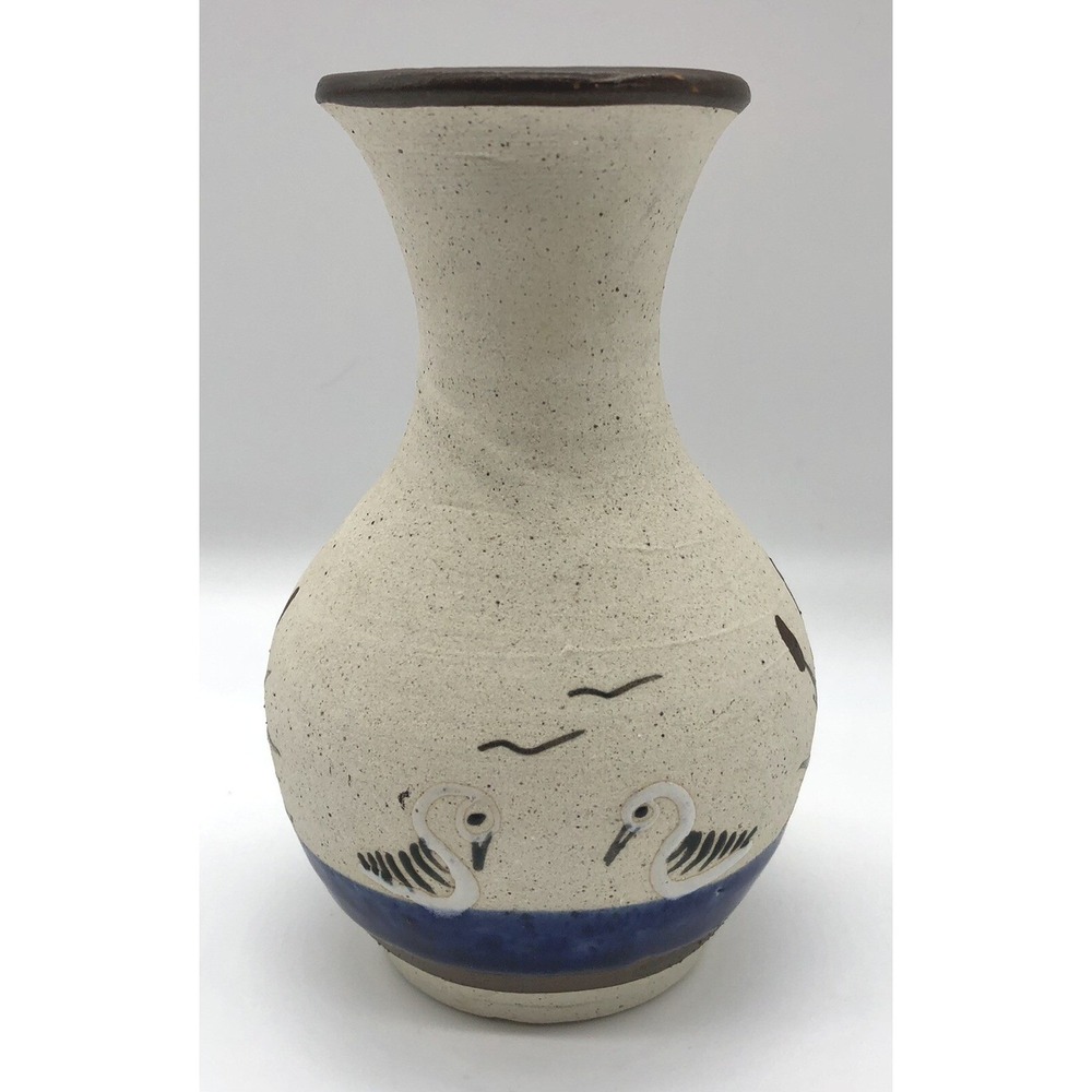 Vintage Tonala Mexico Vase Art Pottery Swans Cattails Water Sandstone‎ 5" Cobalt